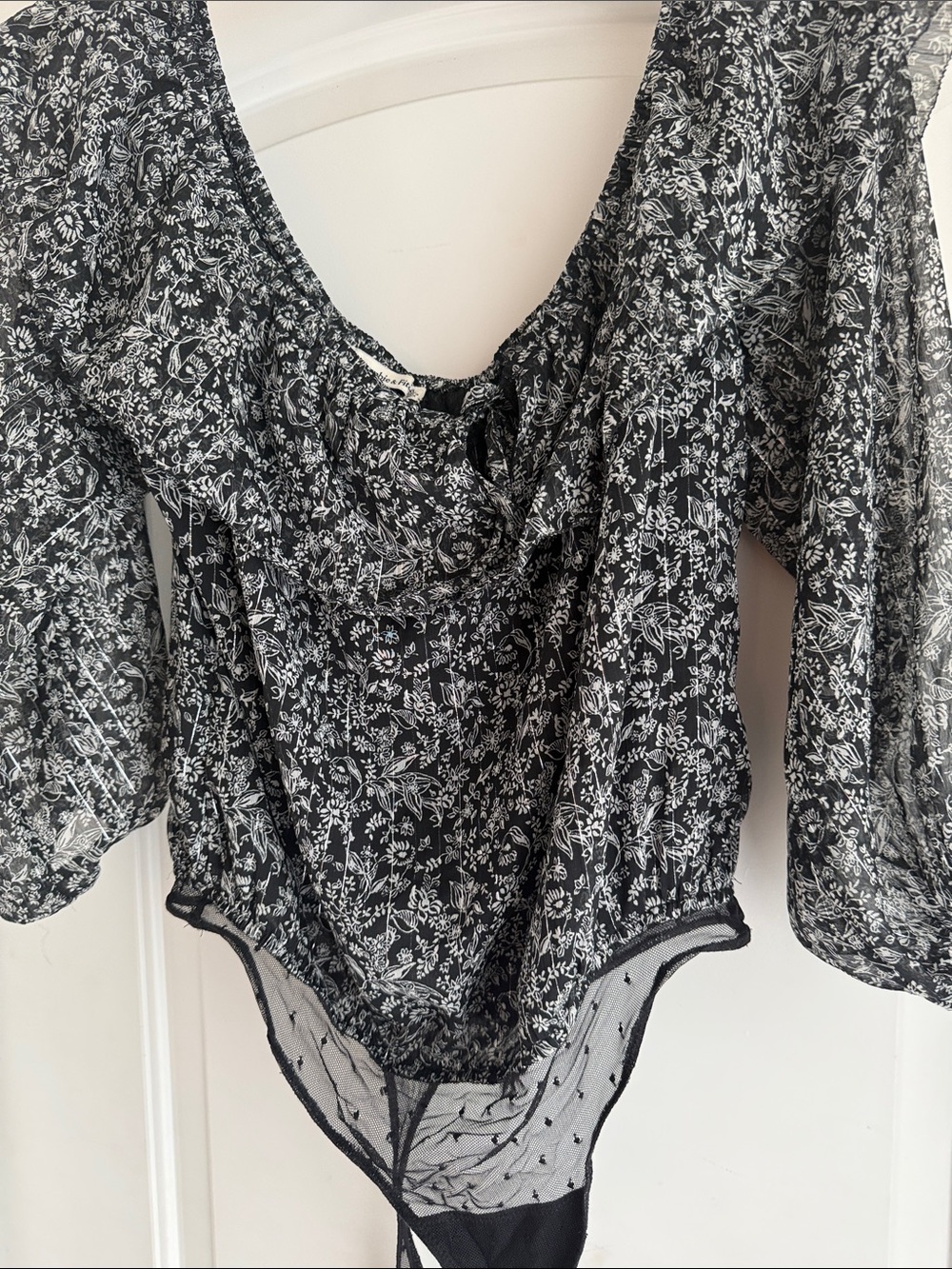 Abercrombie & Fitch Black and White Floral Sheer Long-Sleeve Bodysuit